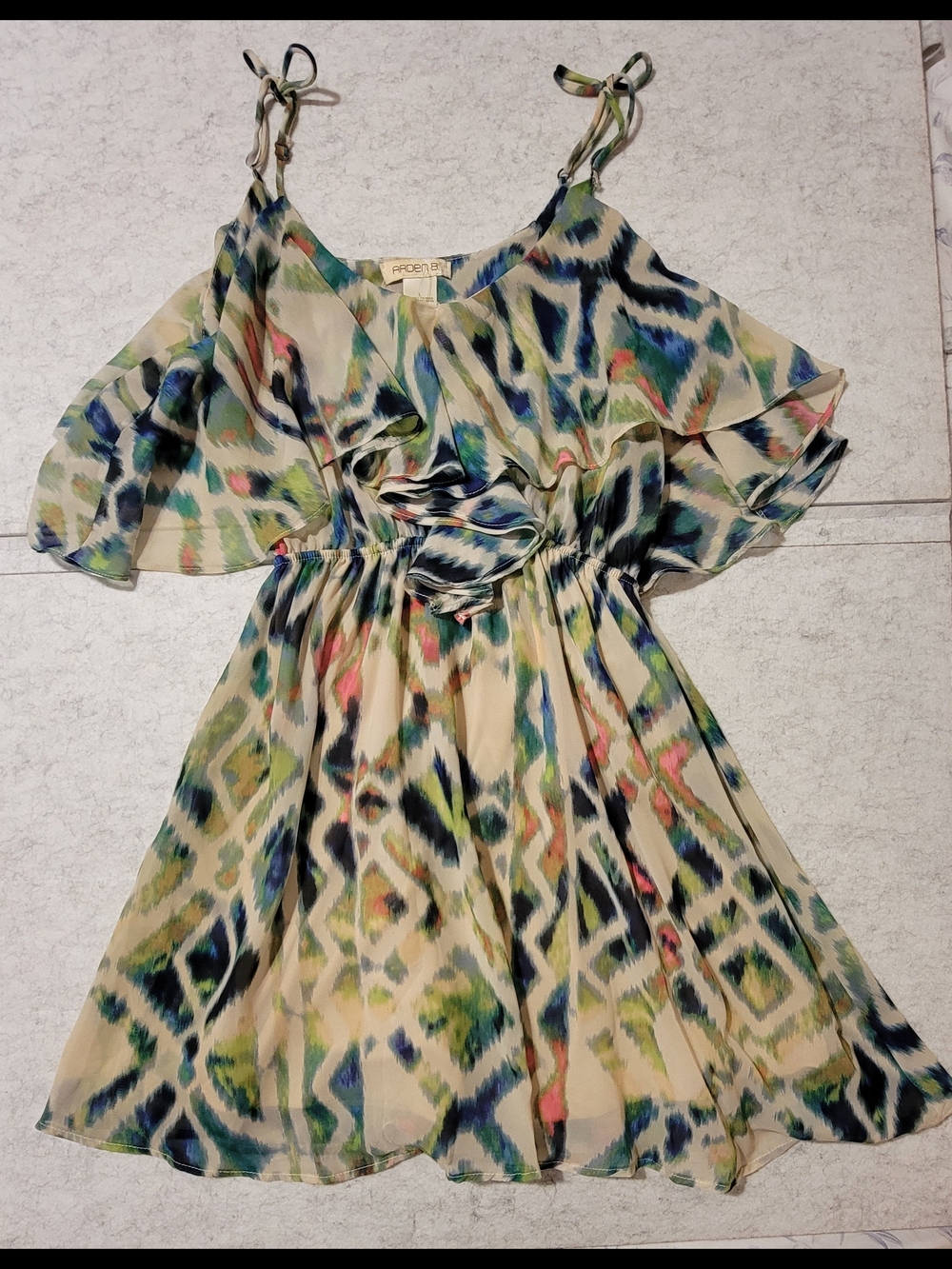 NWT Arden B Large Neon Diamond Ikat Ruffle Mini Dress Y2K Boho